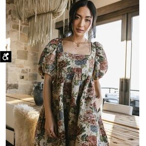 Green and Brown Puff Sleeve Mini Sundress